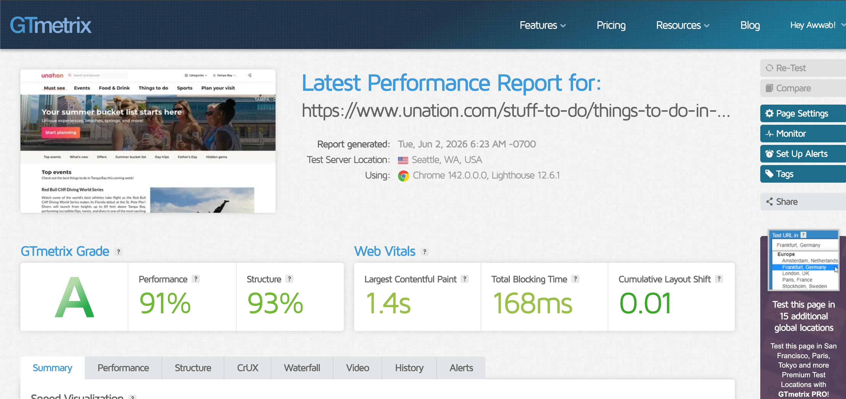 GTmetrix performance report for unation.com
